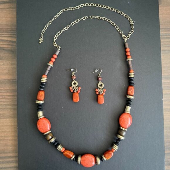 Vintage 80's Orange Aux Agate Wood Bead Necklace Earrings Set W/ Brass Accents - Picture 1 of 8